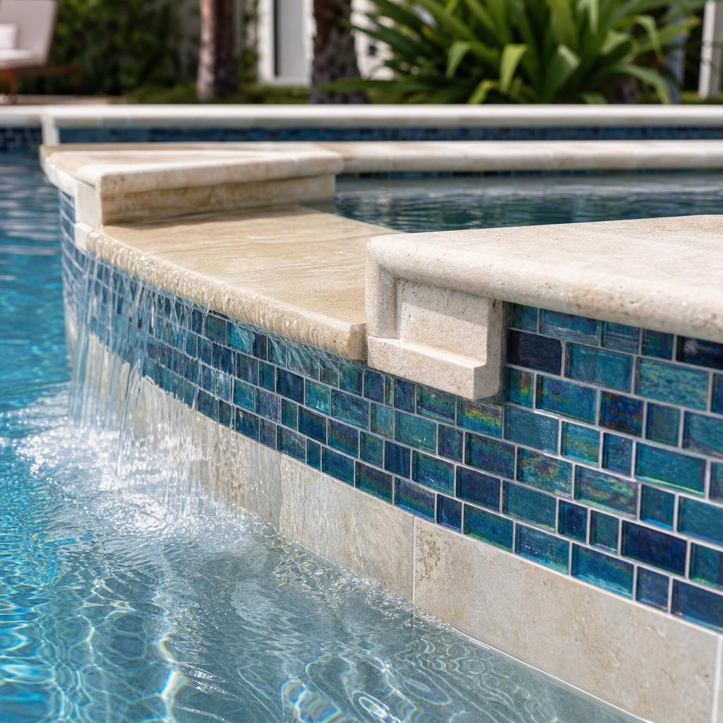 Pool waterfall and tile craftsmanship by Big O Pools